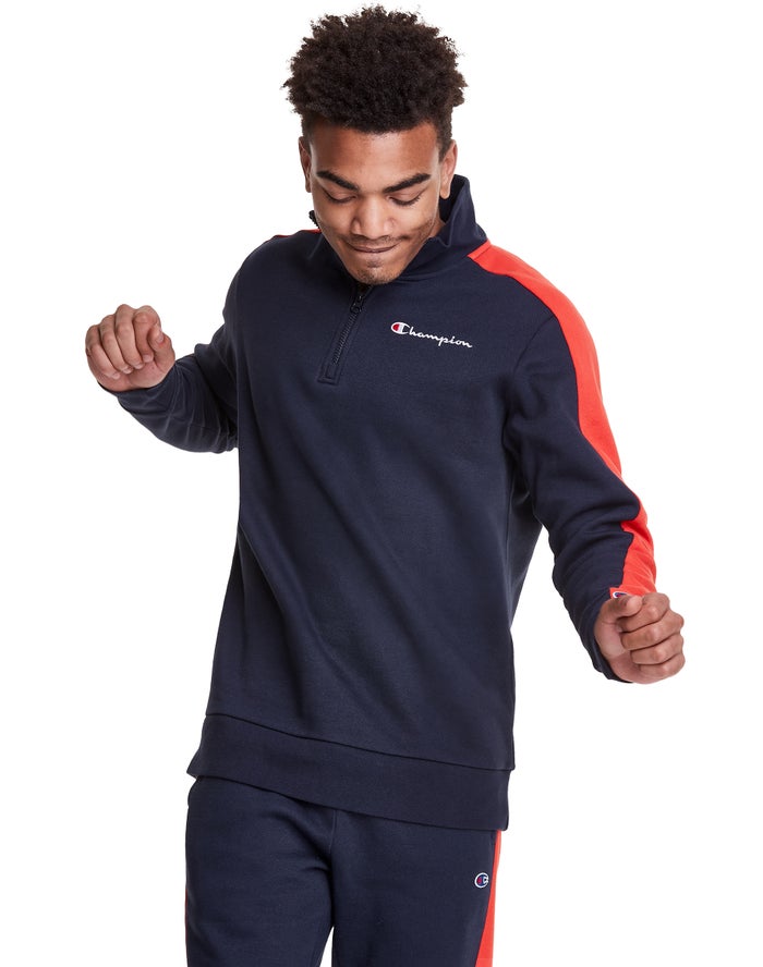 Champion Mens Sweatshirt NZ - Colorblock Stripe Fleece 1/4 Zip Navy/Orange ( 1062-YIDQP )